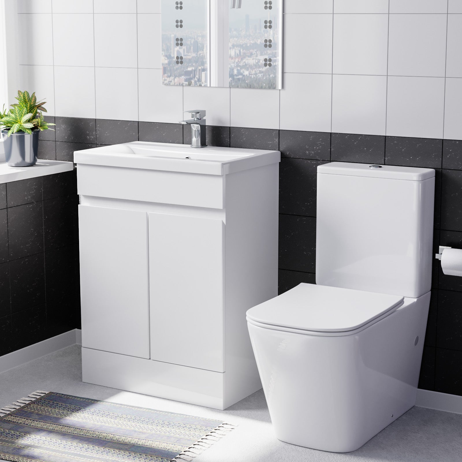 Alaska 600mm Freestanding Basin Vanity, Rimless Square Closed Coupled Toilet