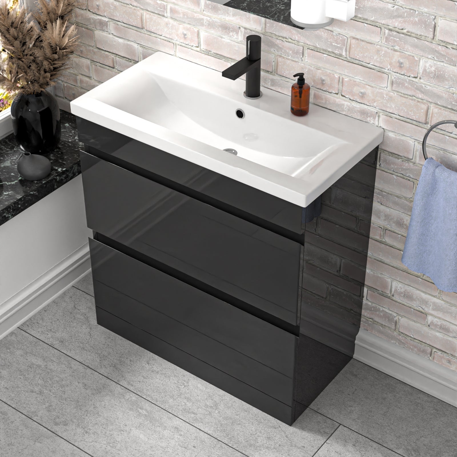 Alaska Dark Grey 800mm 2 Drawer Vanity Cabinet & Basin Sink Floorstanding