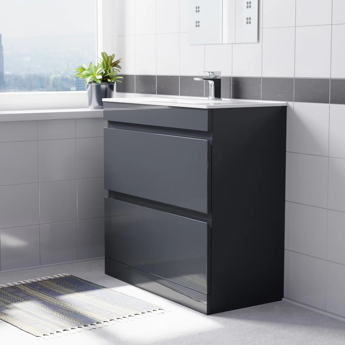Alaska Dark Grey 800mm 2 Drawers Vanity Cabinet & Slim Basin Sink Freestanding