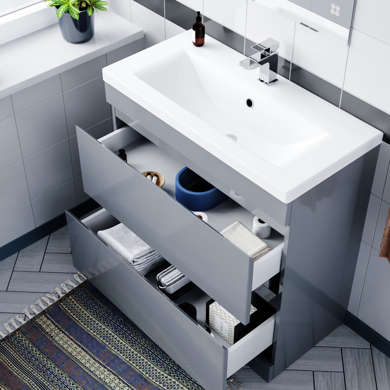 Alaska Minimalist 800mm 2-drawer Freestanding Gloss Grey Vanity Cabinet Basin Unit