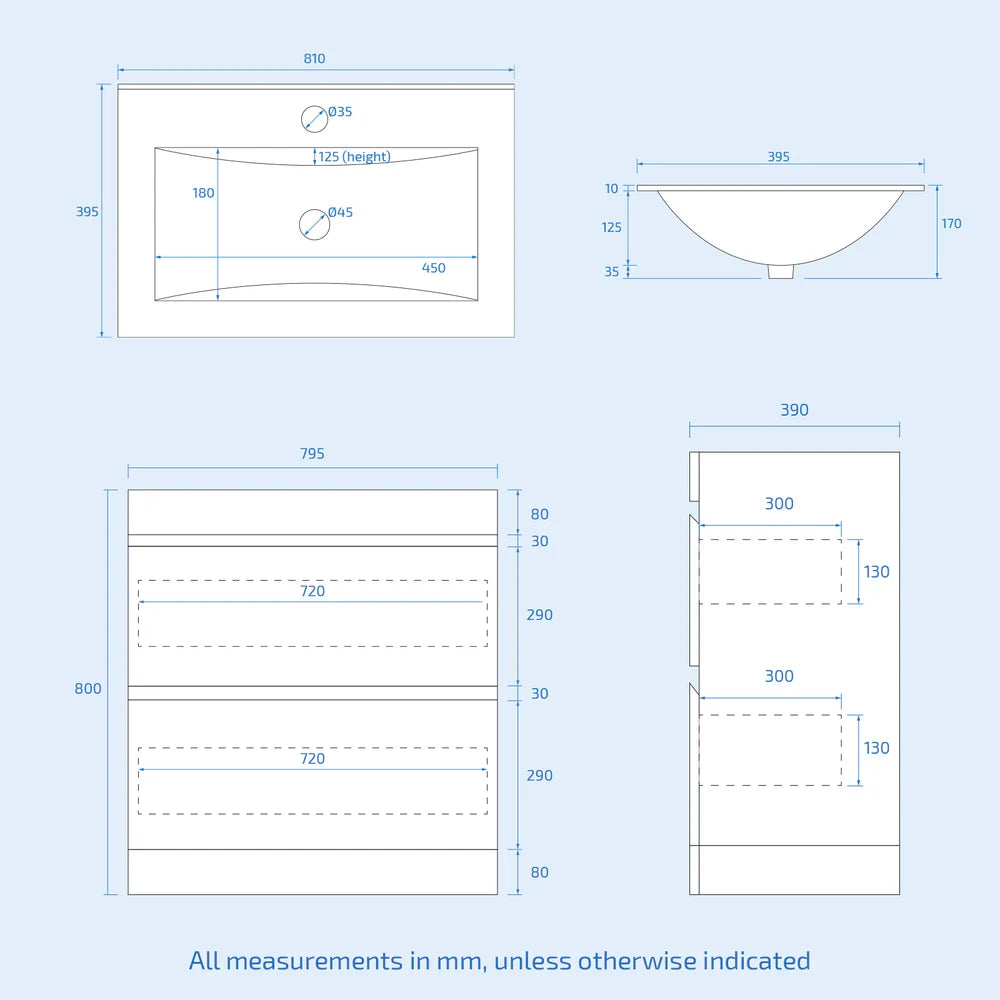 Technical drawings and measurements of various shapes and sizes on a light blue background.