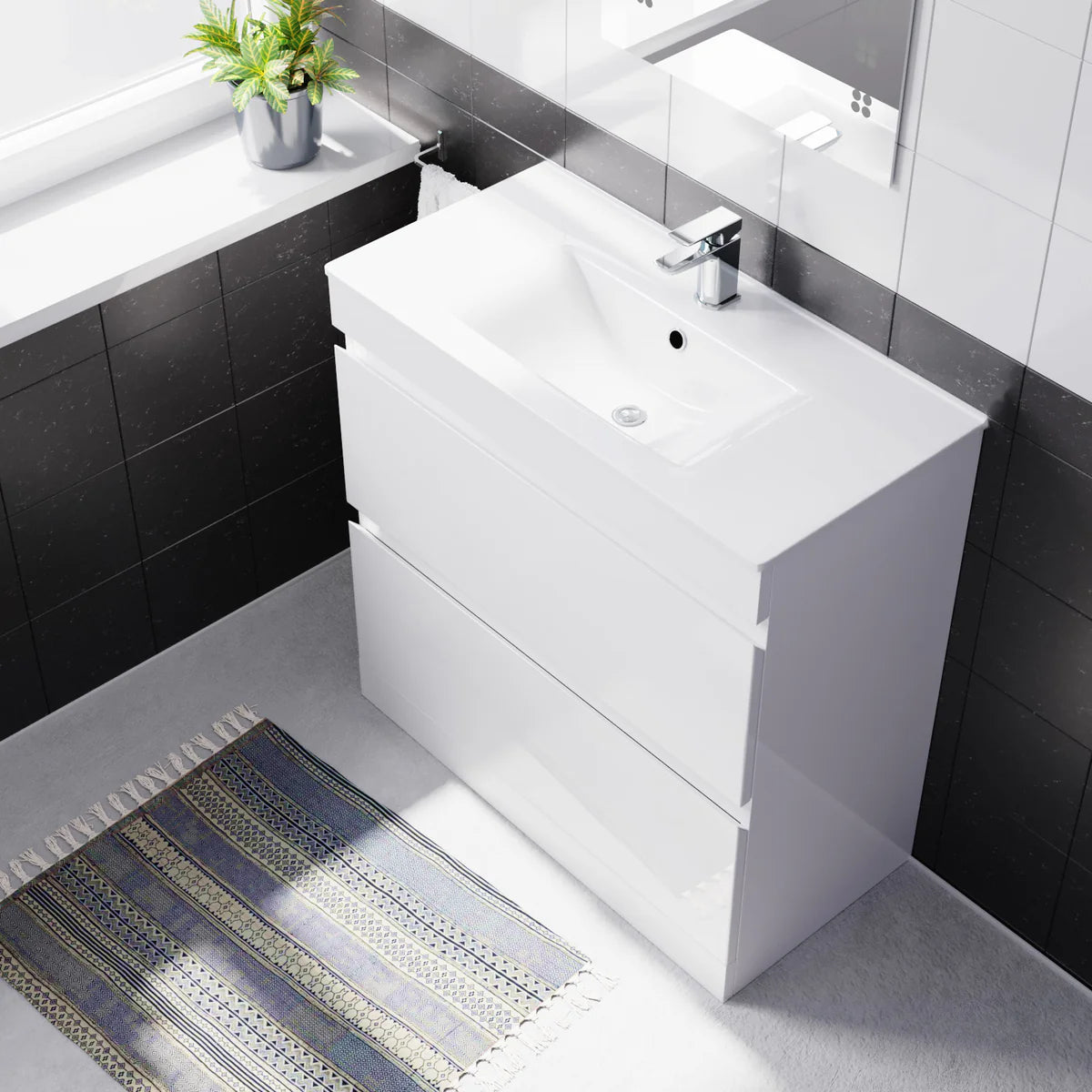 Alaska White 800mm 2 Drawer Vanity Cabinet & Slim Basin Sink Freestanding