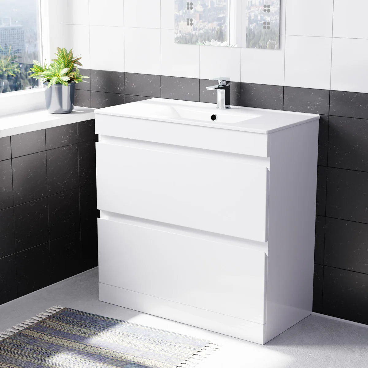 Alaska White 800mm 2 Drawer Vanity Cabinet & Slim Basin Sink Freestanding