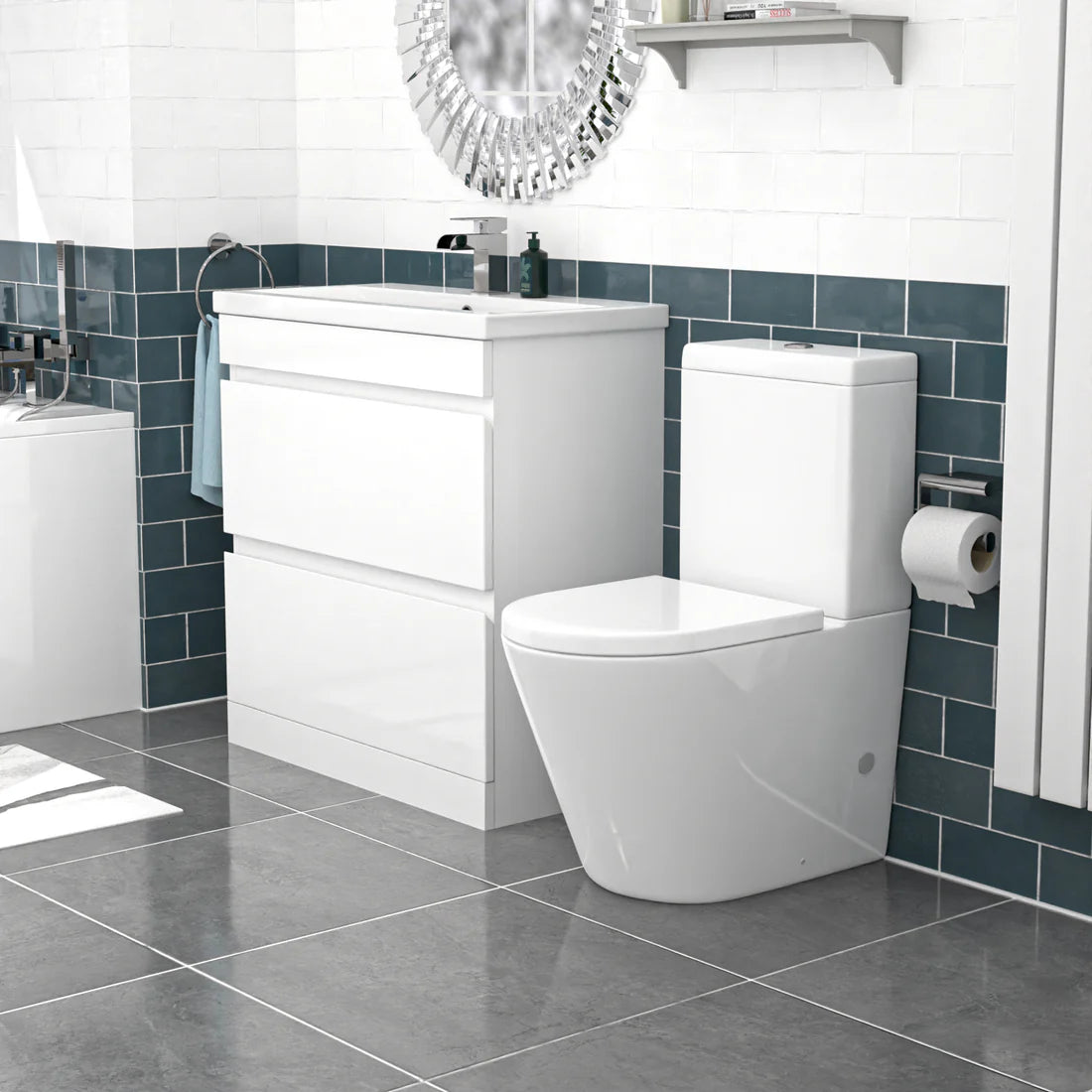 Alaska 800mm White Drawers Handleless Basin Vanity Round Close Coupled Toilet