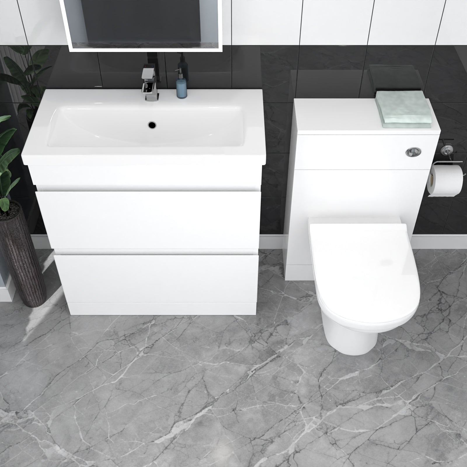 Alaska White Freestanding PVC 800mm 2 Drawers Vanity & WC Unit & BTW Toilet