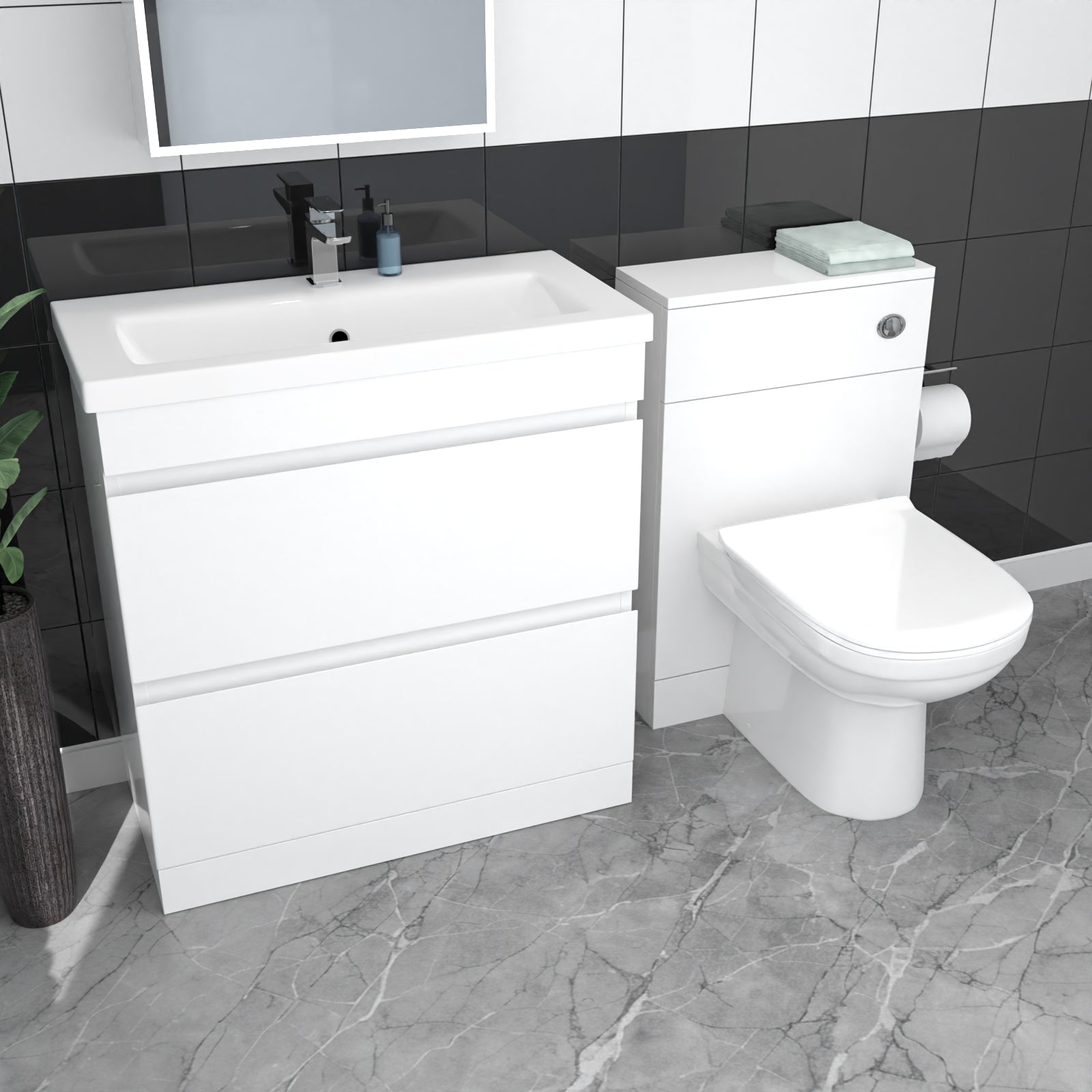 Alaska White Freestanding PVC 800mm 2 Drawers Vanity & WC Unit & BTW Toilet