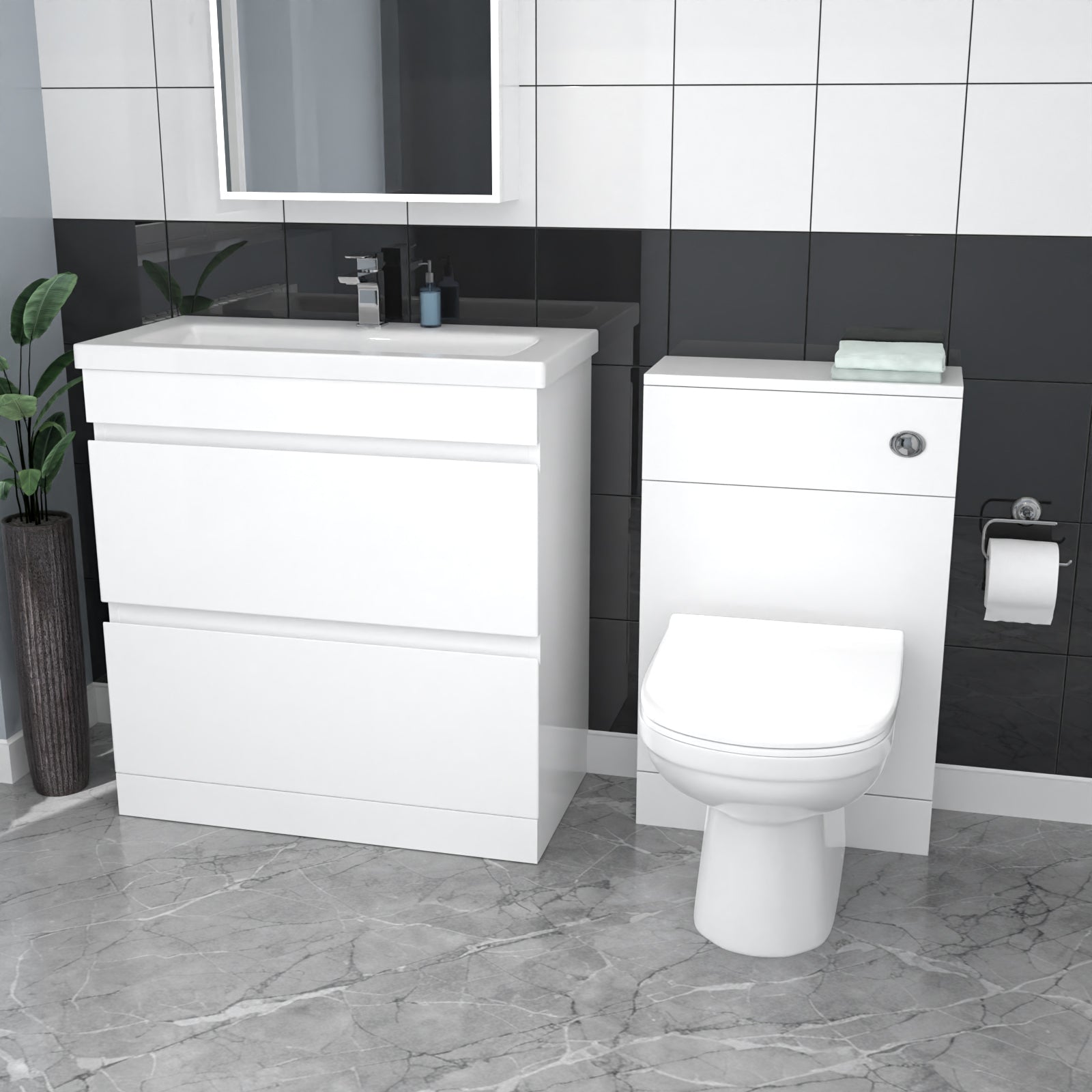 Alaska White Freestanding PVC 800mm 2 Drawers Vanity & WC Unit & BTW Toilet