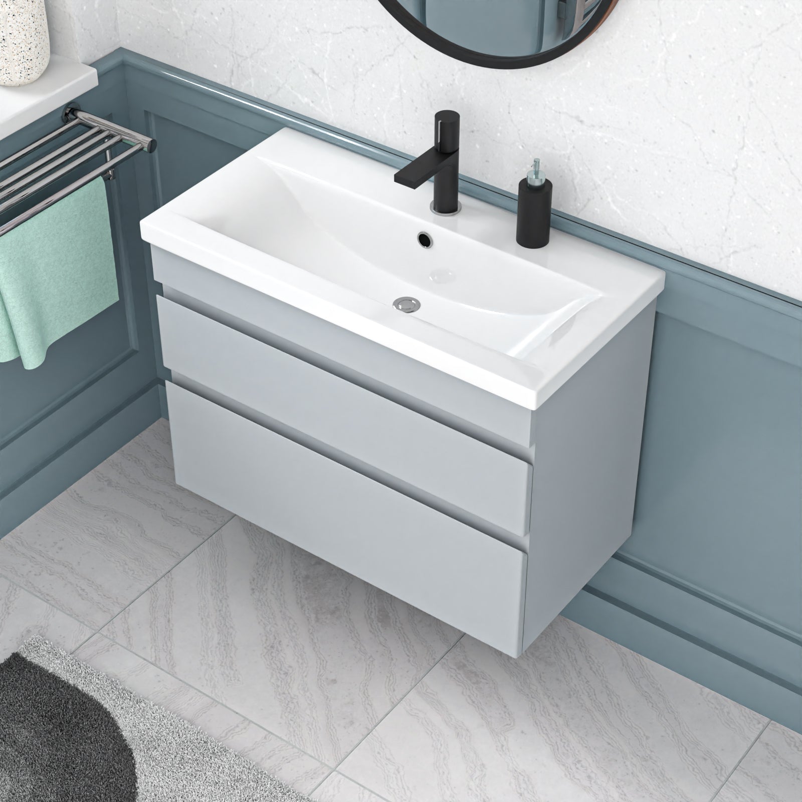 Alaska Wall Hung Matte Grey 800mm 2 Drawers Vanity Unit & Basin Sink