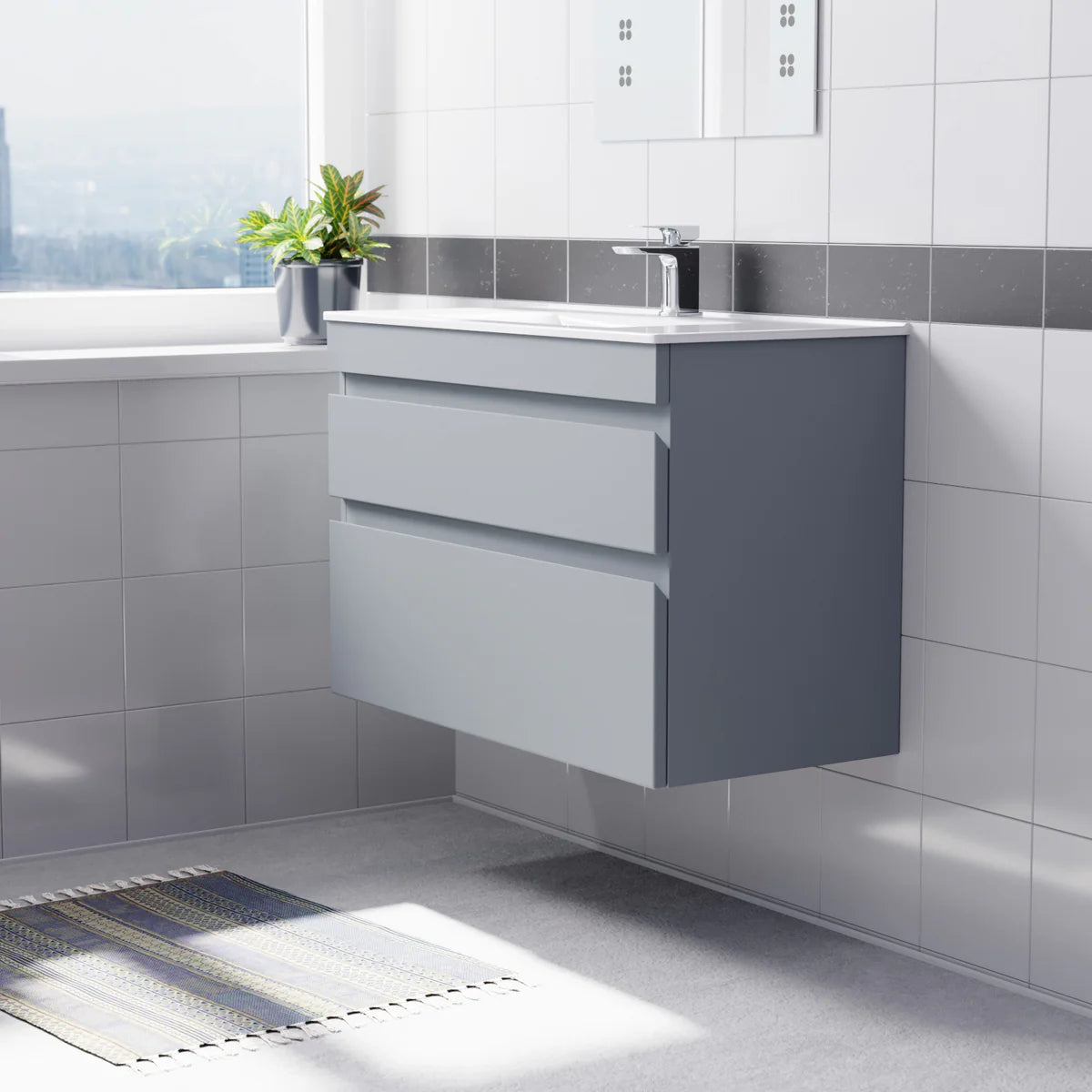 Alaska 800mm Matte Grey Wall Hung 2 Drawers Handleless Slim Basin Vanity Unit