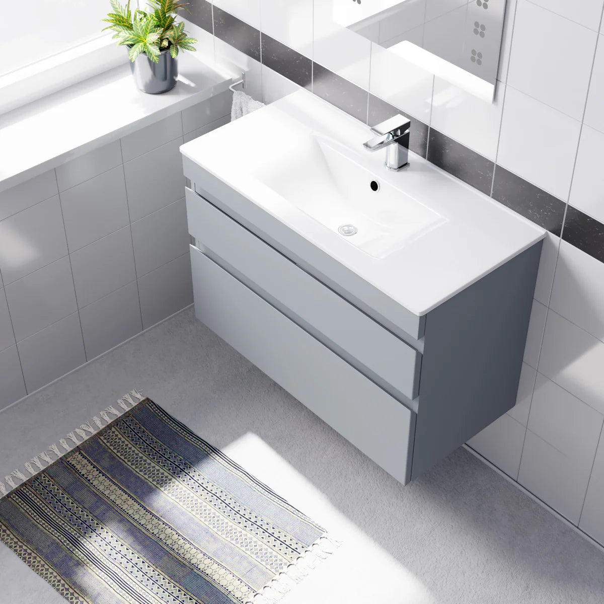 Alaska 800mm Matte Grey Wall Hung 2 Drawers Handleless Slim Basin Vanity Unit