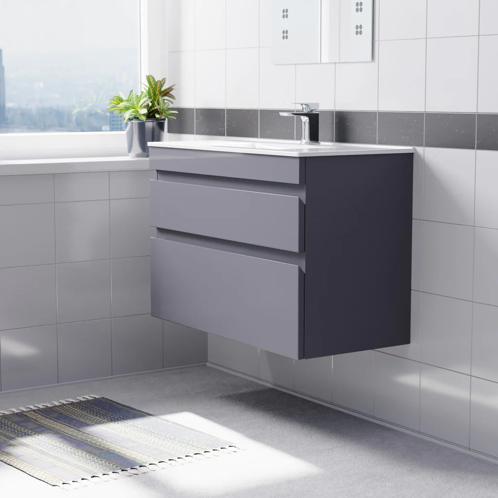 Alaska 800mm Grey Wall Hung 2 Drawers Handleless Slim Basin Vanity Unit
