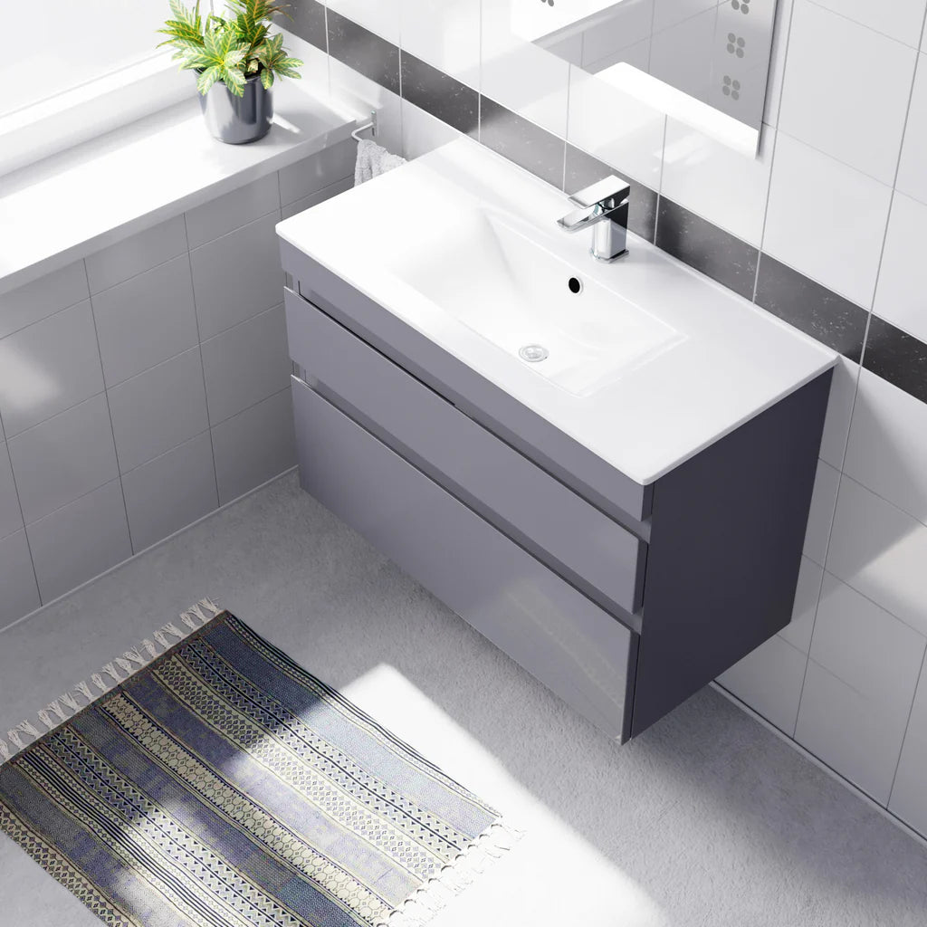 Alaska 800mm Grey Wall Hung 2 Drawers Handleless Slim Basin Vanity Unit