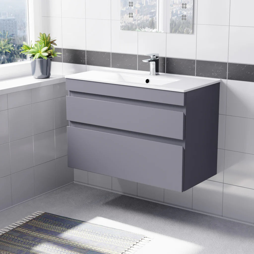 Alaska 800mm Grey Wall Hung 2 Drawers Handleless Slim Basin Vanity Unit