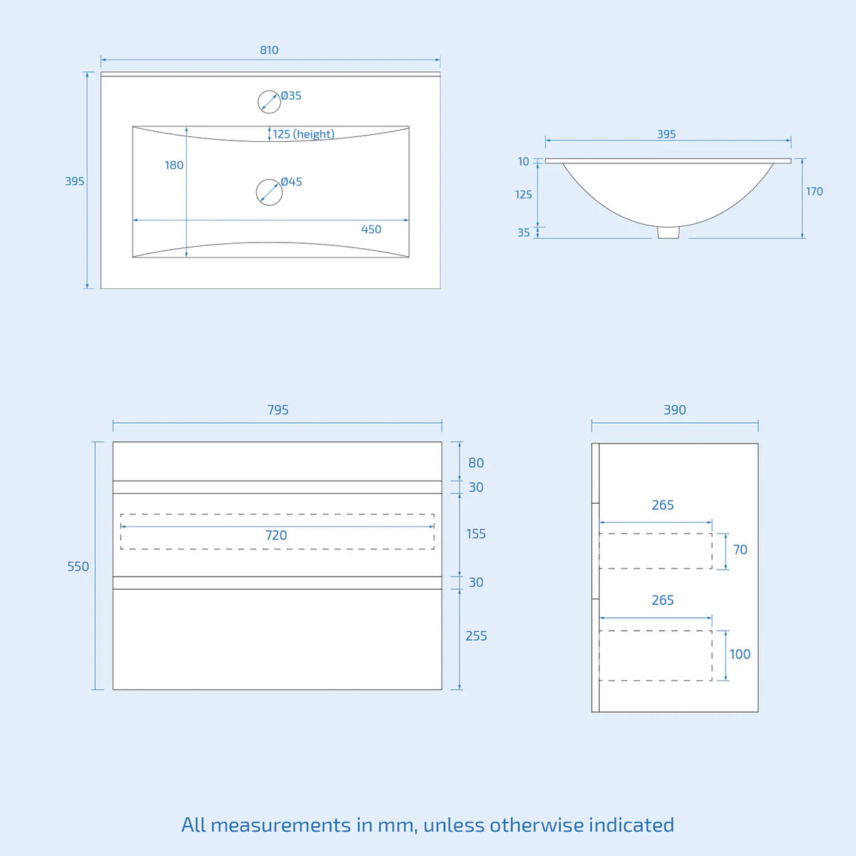 Alaska 800mm White Wall Hung 2 Drawers Handleless Slim Basin Vanity Unit