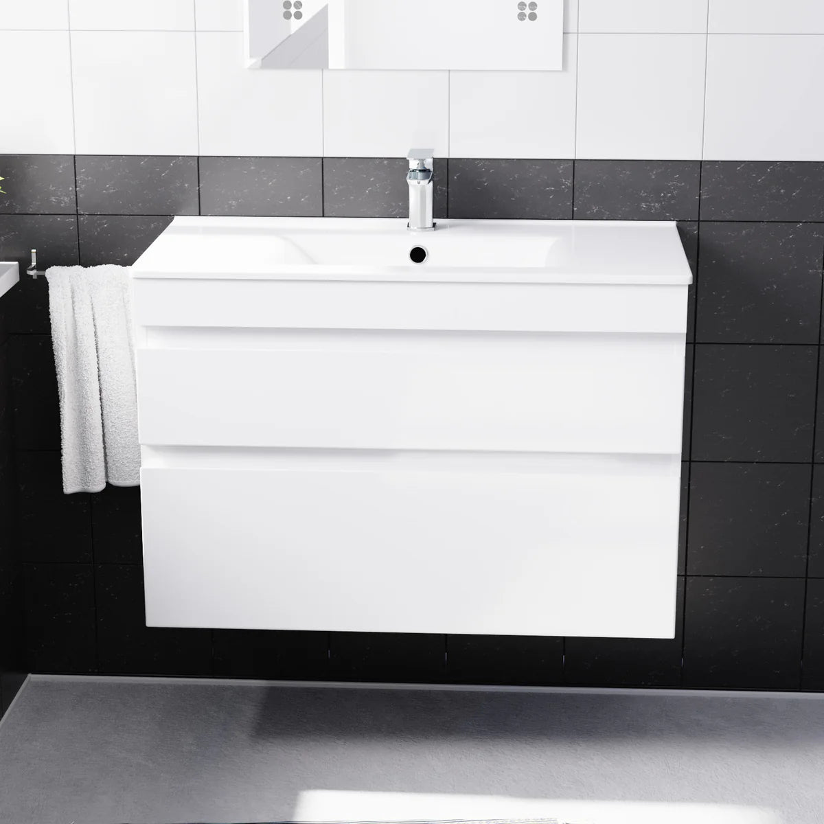 Alaska 800mm White Wall Hung 2 Drawers Handleless Slim Basin Vanity Unit
