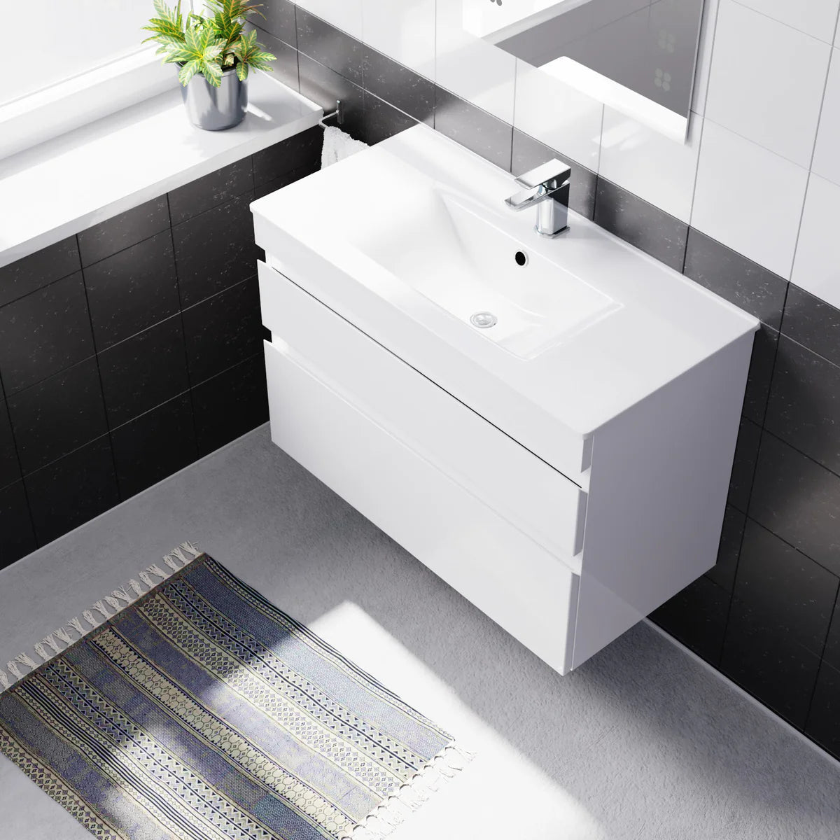 Alaska 800mm White Wall Hung 2 Drawers Handleless Slim Basin Vanity Unit