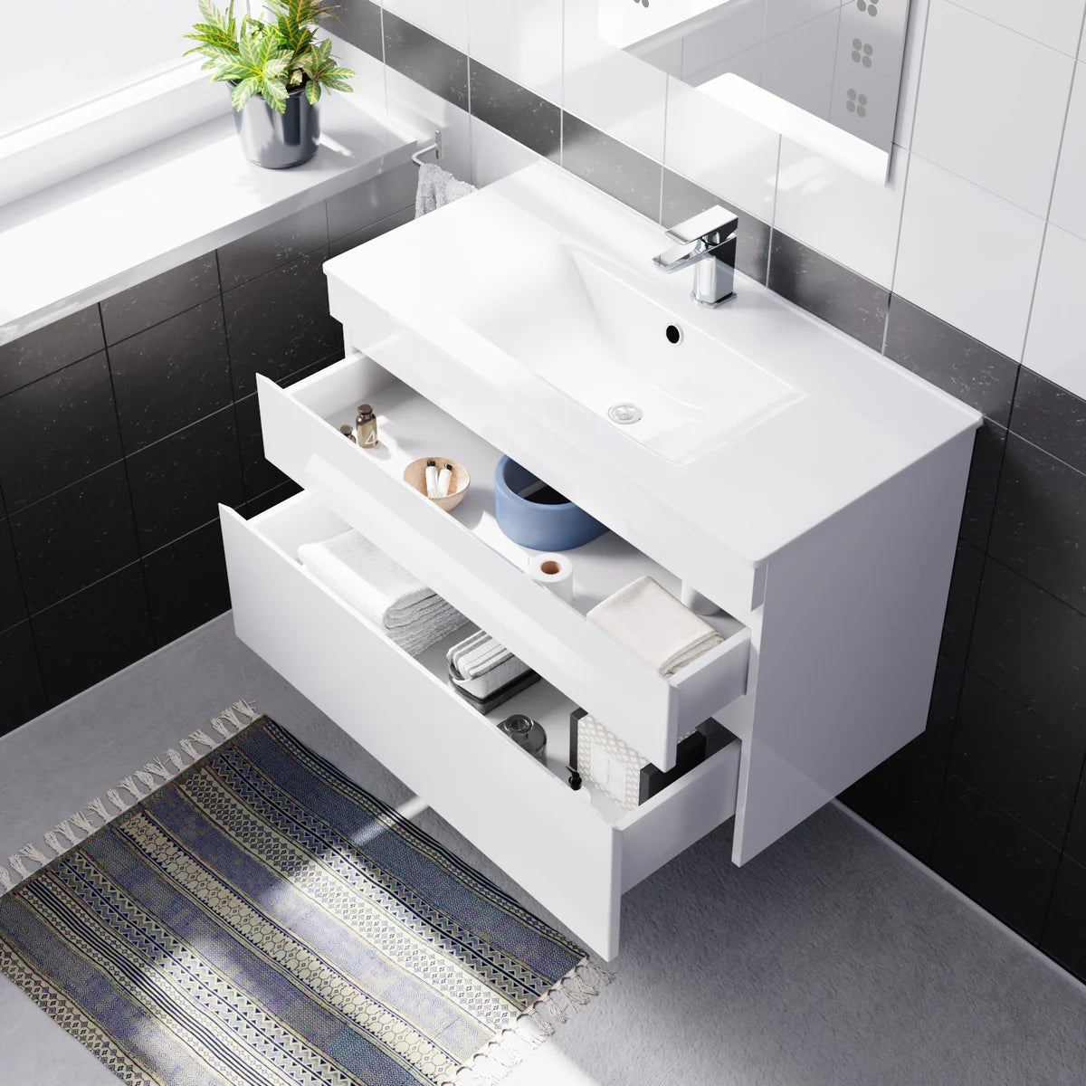 Alaska 800mm White Wall Hung 2 Drawers Handleless Slim Basin Vanity Unit