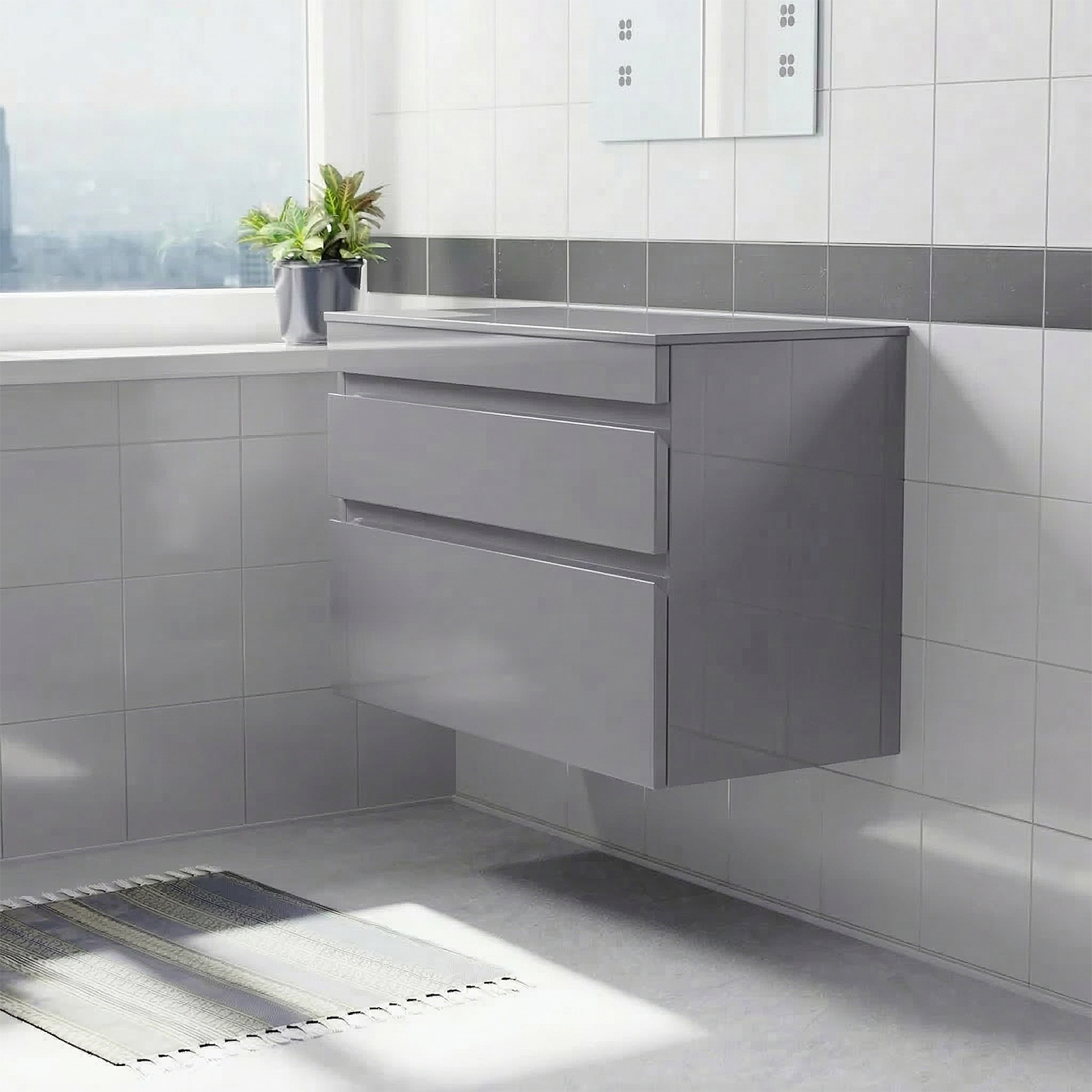 Alaska 800mm Steel Grey Wall Hung 2 Drawers Handleless Worktop Vanity Unit