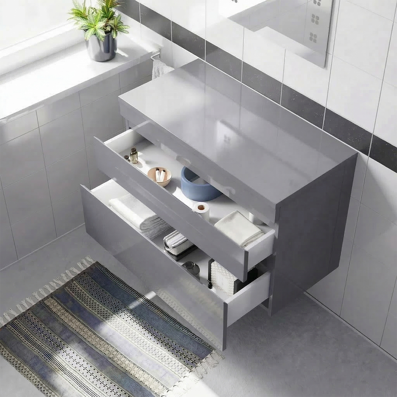 Alaska 800mm Steel Grey Wall Hung 2 Drawers Handleless Worktop Vanity Unit