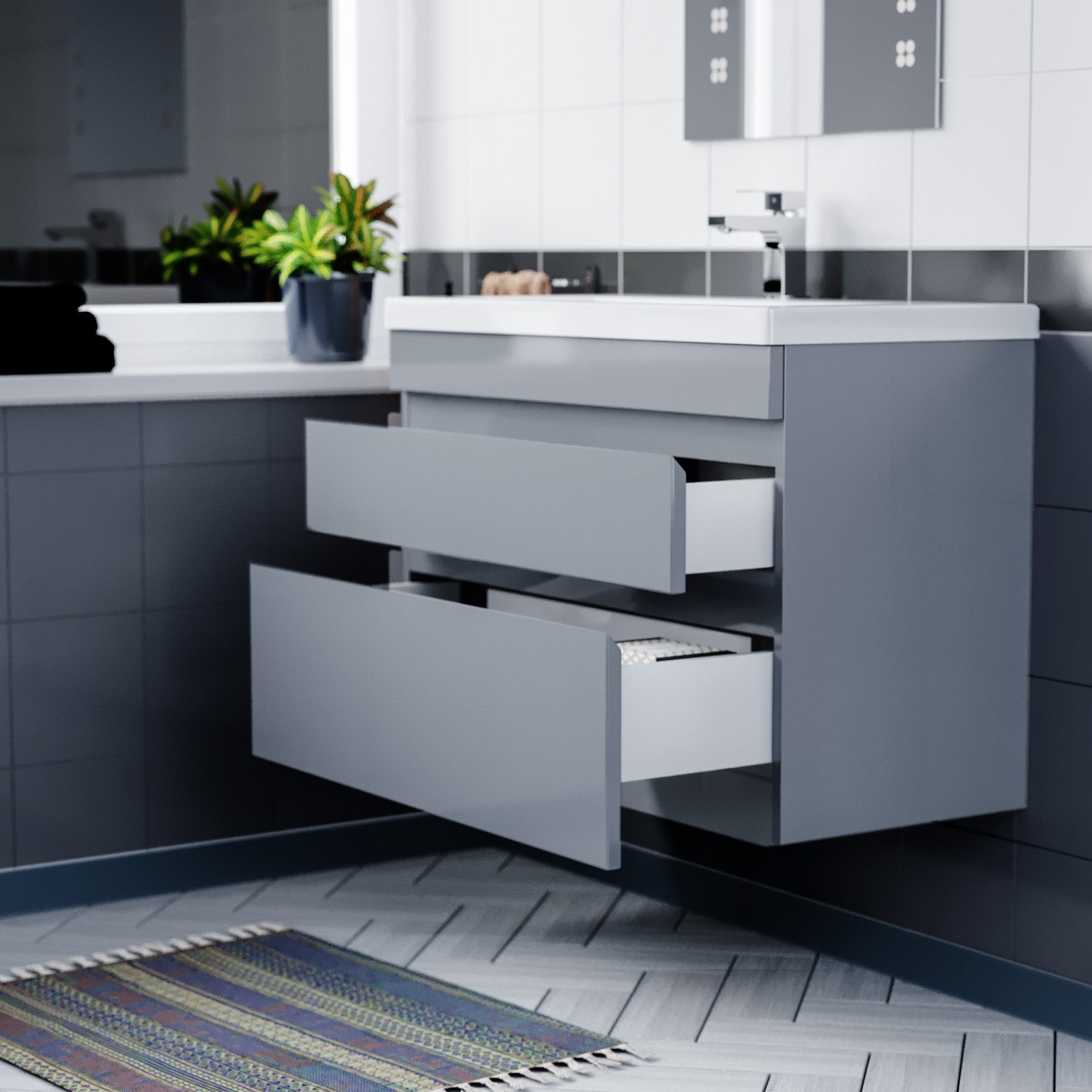 Alaska Minimalist 800mm Wall Hung Grey Basin Vanity Cabinet Unit 2 Drawers