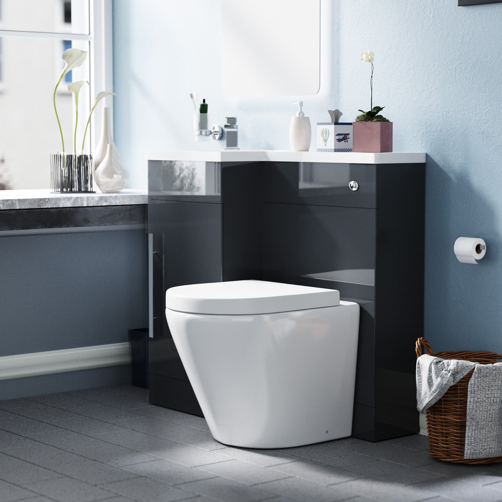 Alaska Flat Packed Compact 900mm Grey L-Shape Left Hand Vanity Unit, Rimless Toilet Set