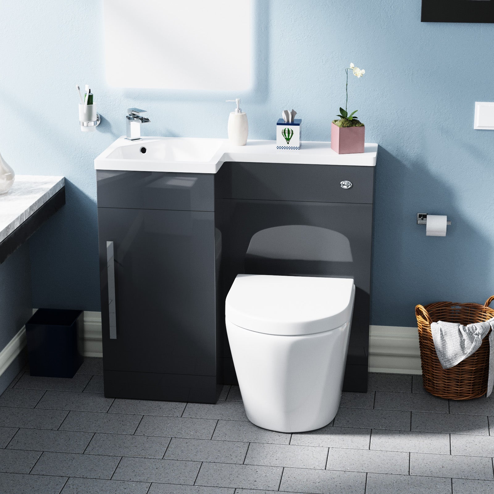 Alaska Flat Packed Compact 900mm Grey L-Shape Left Hand Vanity Unit, Rimless Toilet Set