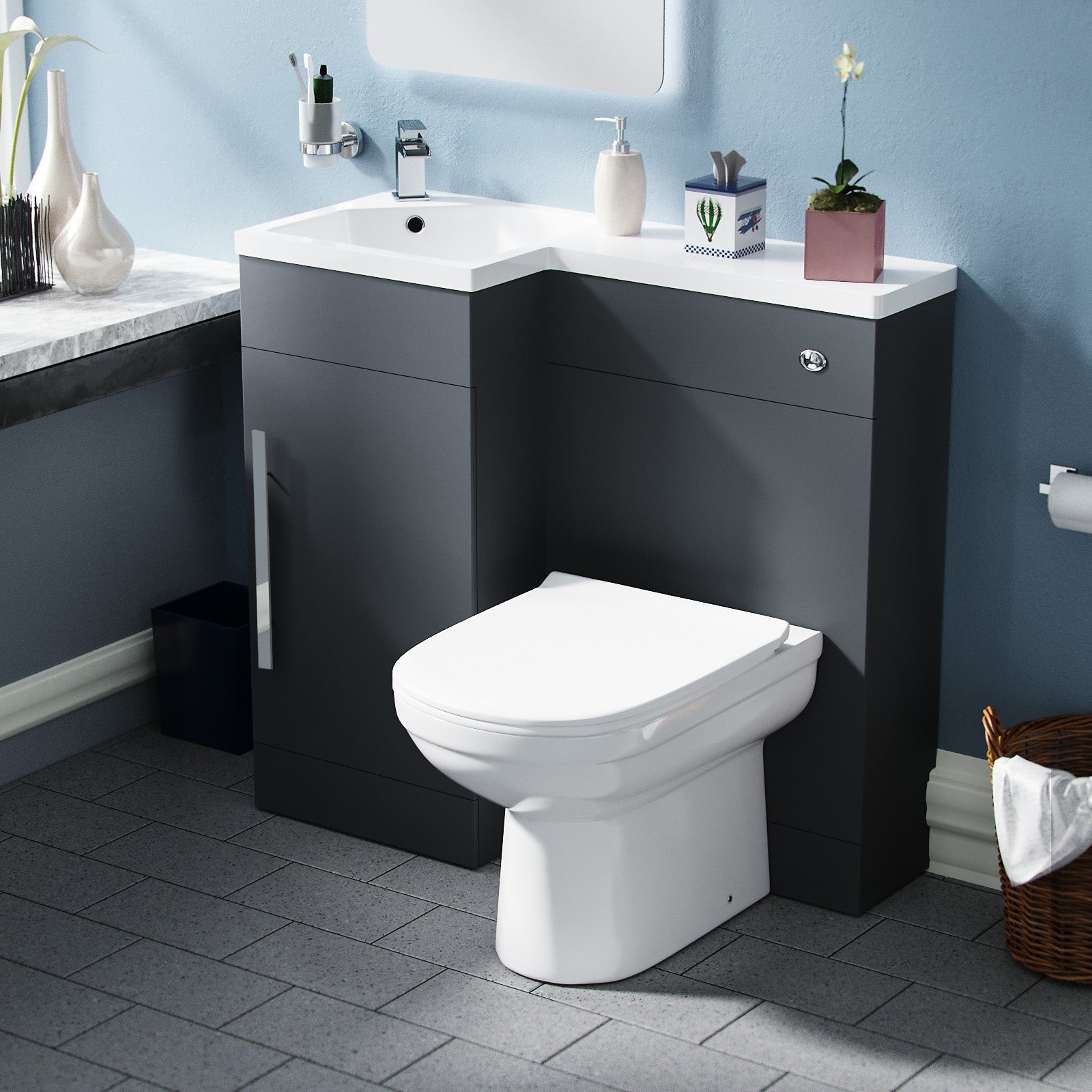 Alaska 900mm Left Hand Matt Grey Basin Vanity, WC Unit & Back To Wall Toilet