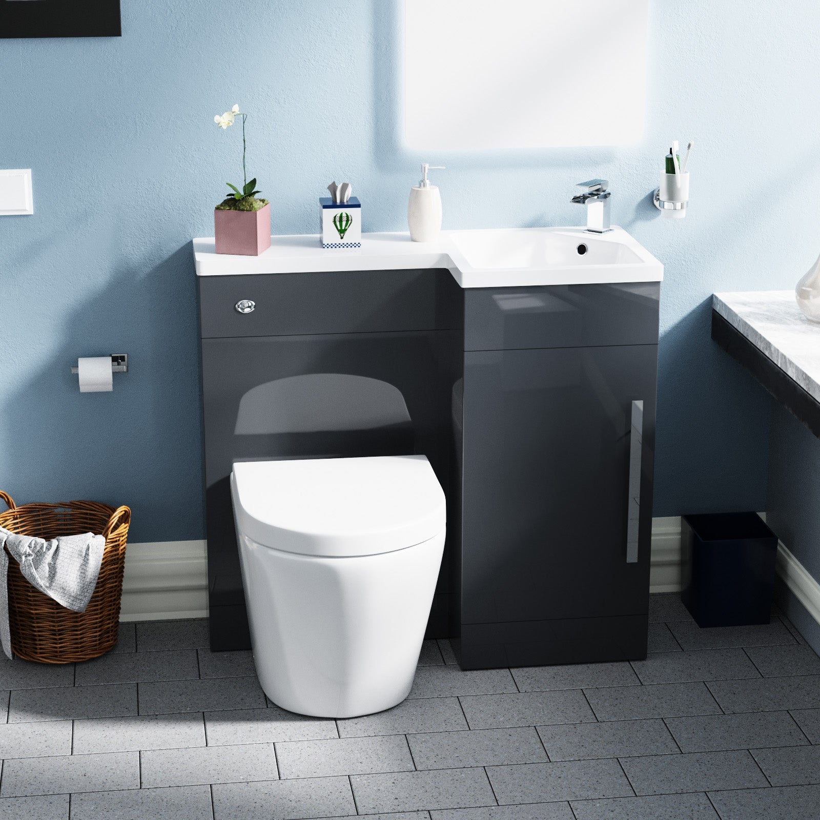 Alaska Flat Packed Compact 900mm Grey L-Shape Right Hand Vanity Unit, Rimless Toilet Set