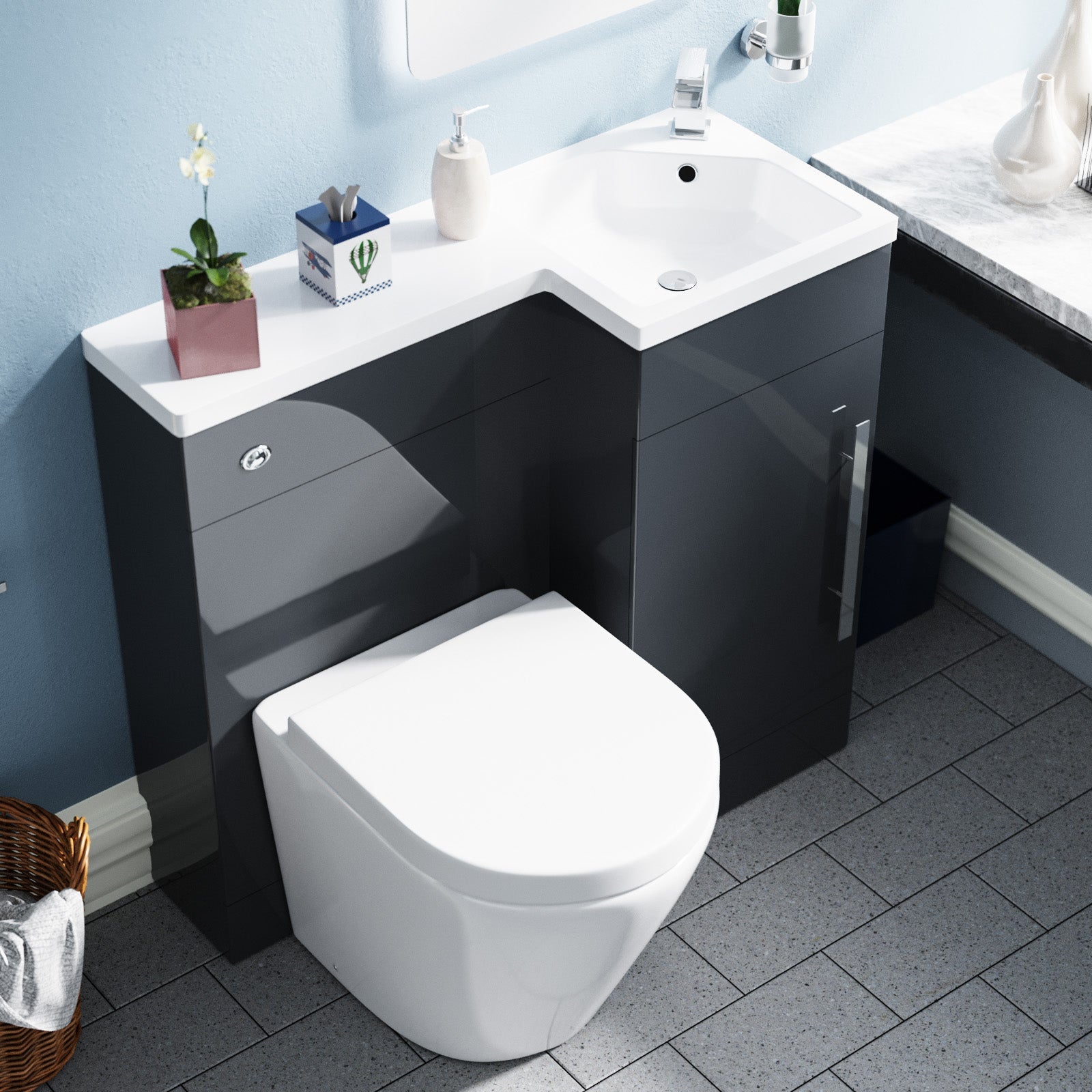 Alaska Flat Packed Compact 900mm Grey L-Shape Right Hand Vanity Unit, Rimless Toilet Set