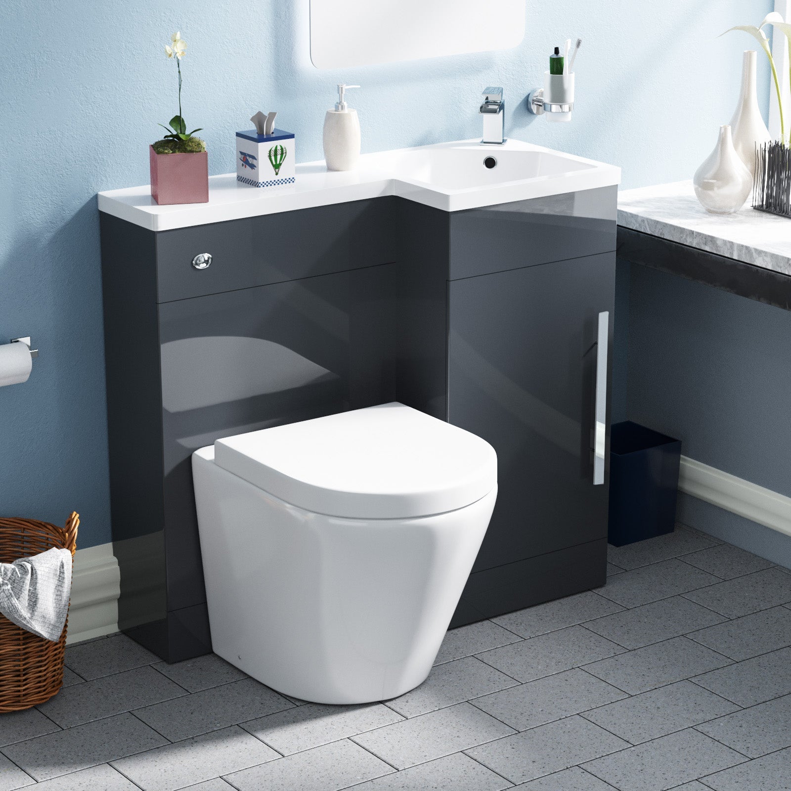 Alaska Flat Packed Compact 900mm Grey L-Shape Right Hand Vanity Unit, Rimless Toilet Set