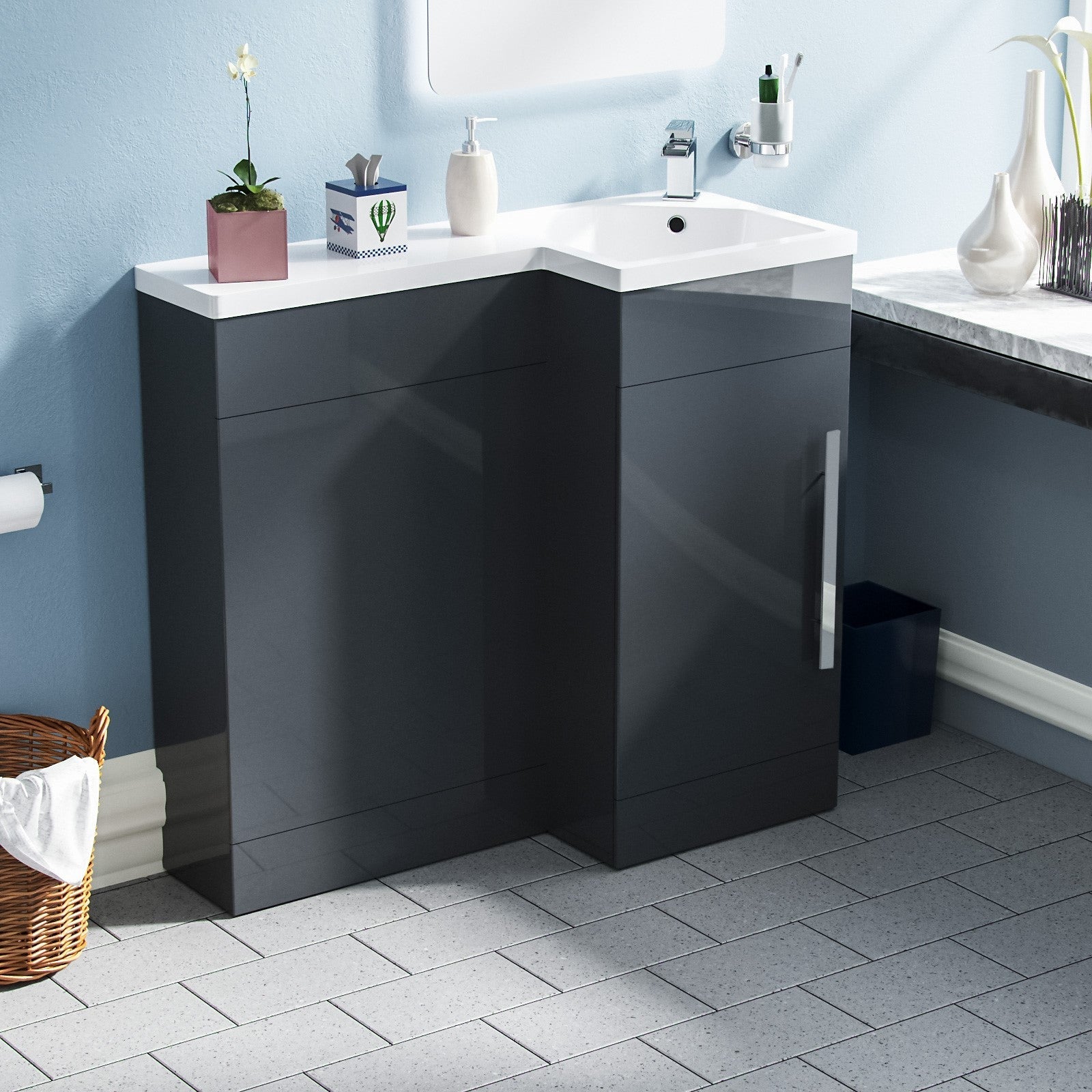 Alaska 900mm L Shape Bathroom Basin Vanity & WC Unit Grey