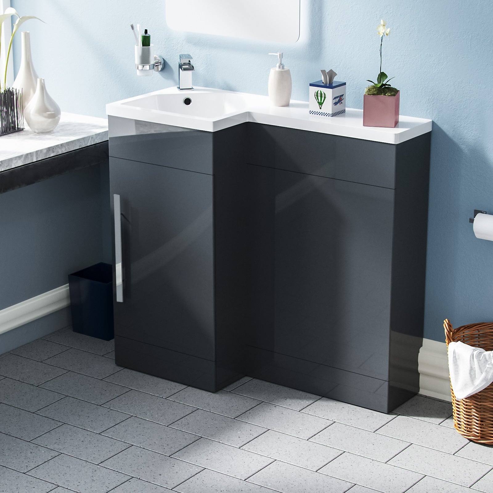 Alaska 900mm L Shape Bathroom Basin Vanity & WC Unit Grey