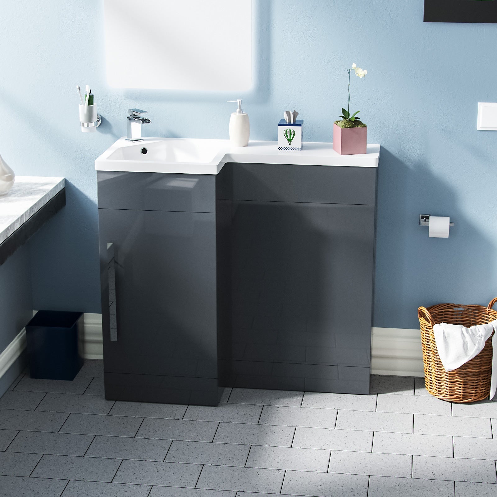 Alaska 900mm L Shape Bathroom Basin Vanity & WC Unit Grey