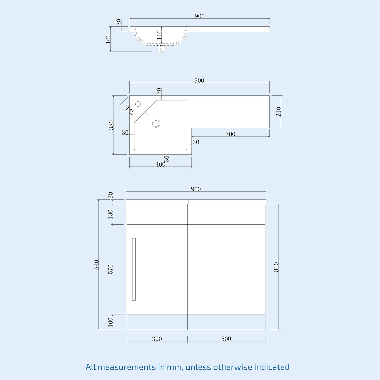 Alaska 900mm Matte Grey L-Shape LH Vanity WC Unit & BTW Round Toilet