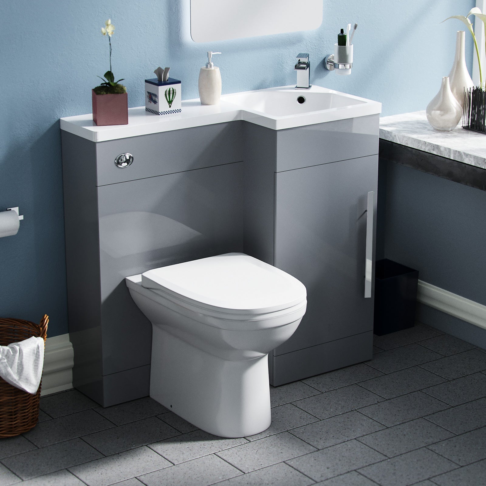 Alaska 900mm Vanity Basin Unit, WC Unit & Elso Back To Wall Toilet Grey