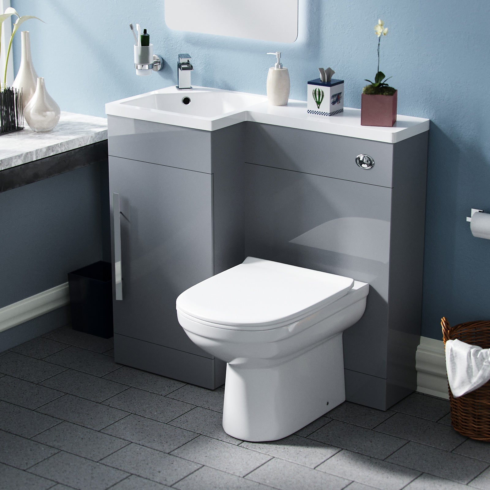 Alaska Light Grey L-Shape Left Hand 900mm Vanity Cabinet and Toilet Set Flat Pack