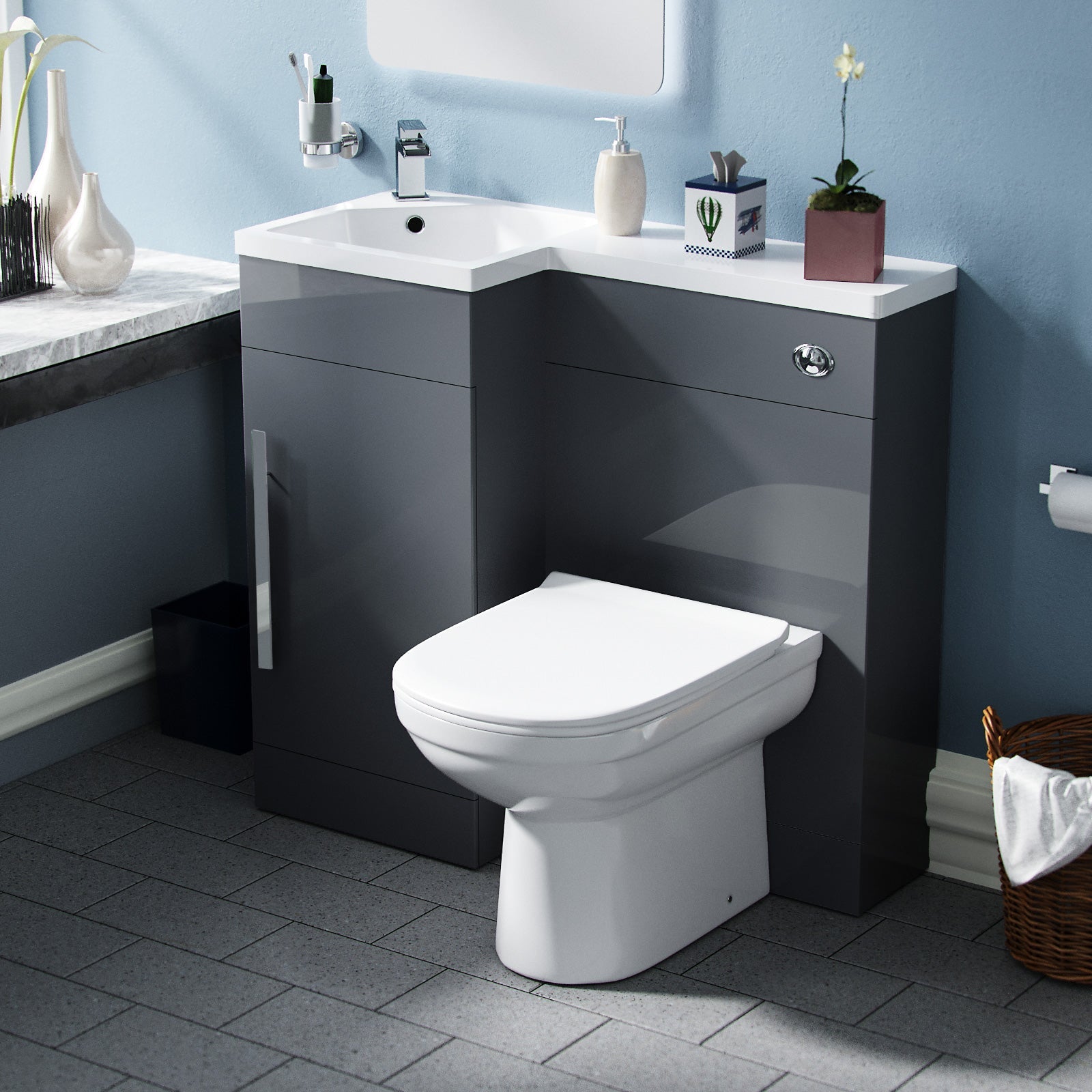 Alaska Flat Packed Compact 900mm Grey L-Shape Left Hand Vanity Unit and Toilet Bathroom