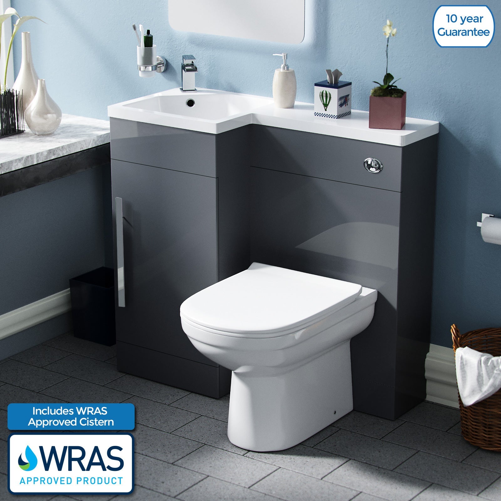 Alaska Flat Packed Compact 900mm Grey L-Shape Left Hand Vanity Unit and Toilet Bathroom