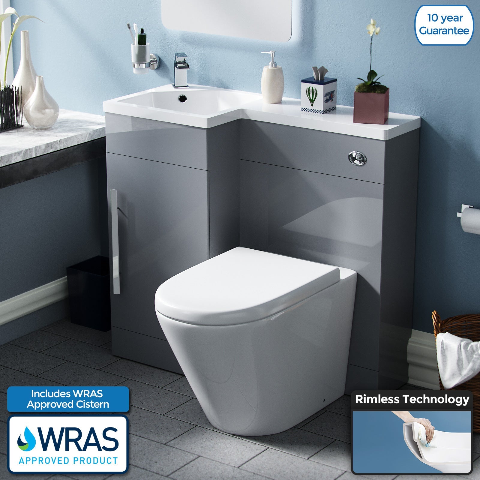 Alaska 900mm Vanity Basin Unit, WC Unit & Ellis UF Back to Wall Toilet Grey