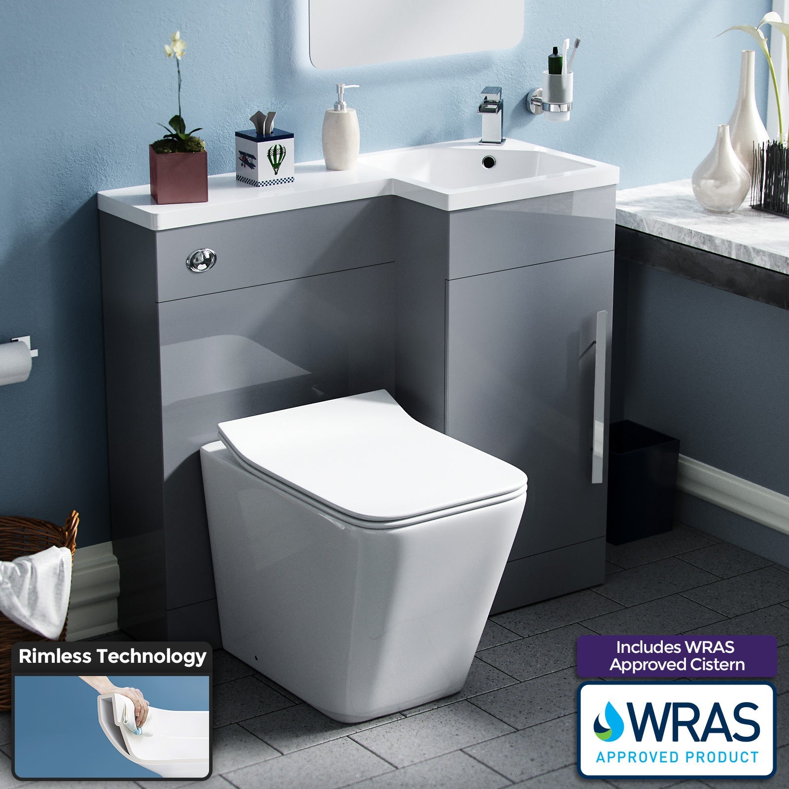 Alaska 900mm Grey Vanity Unit Basin Sink with Rimless Toilet