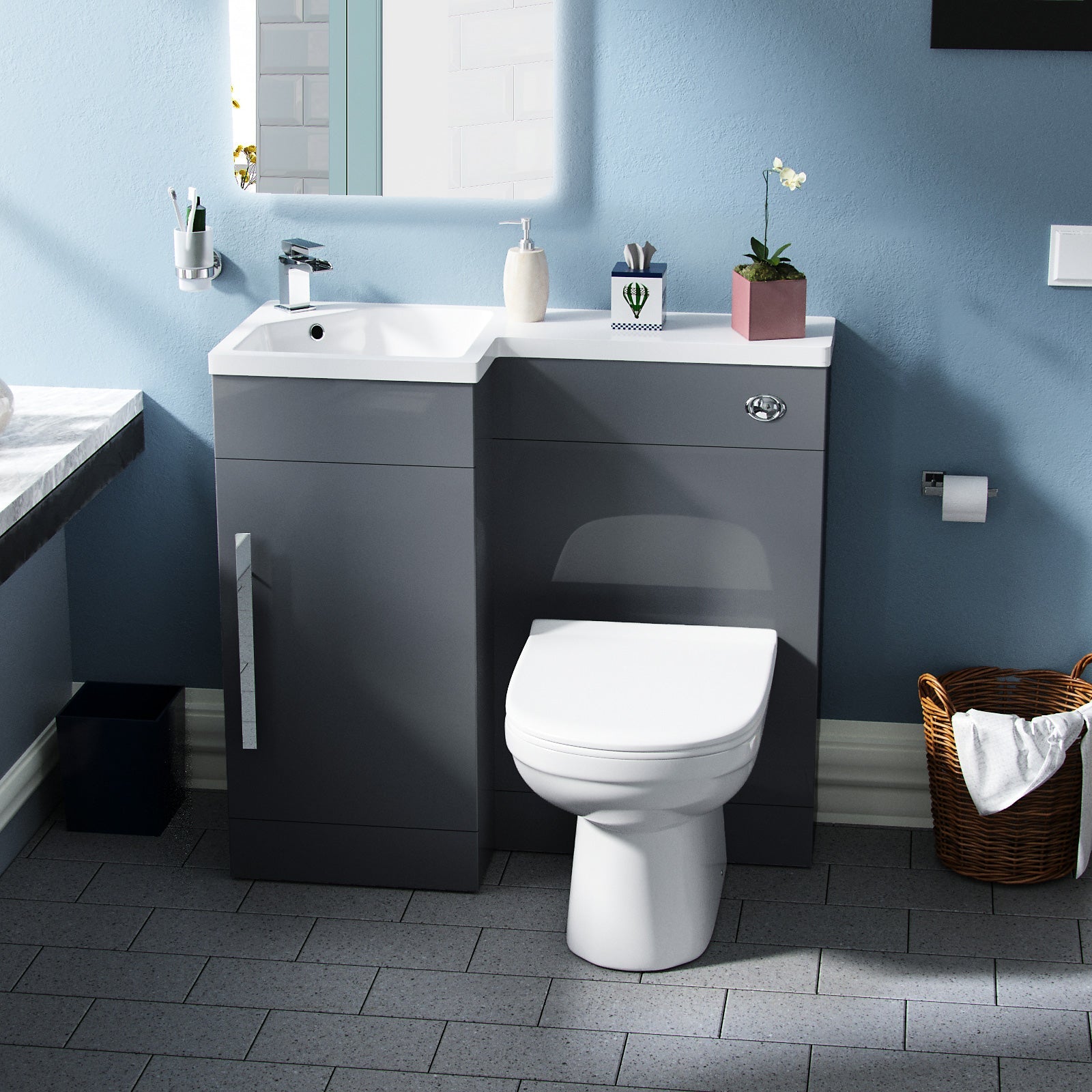 Alaska Flat Packed Compact 900mm Grey L-Shape Left Hand Vanity Unit and Toilet Bathroom