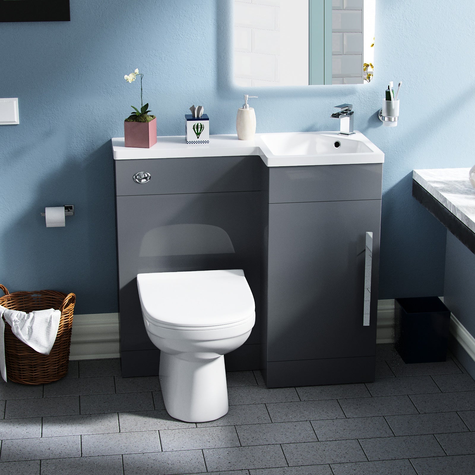 Alaska Flat Packed Compact 900mm Grey L-Shape Right Hand Vanity Unit and Toilet Bathroom
