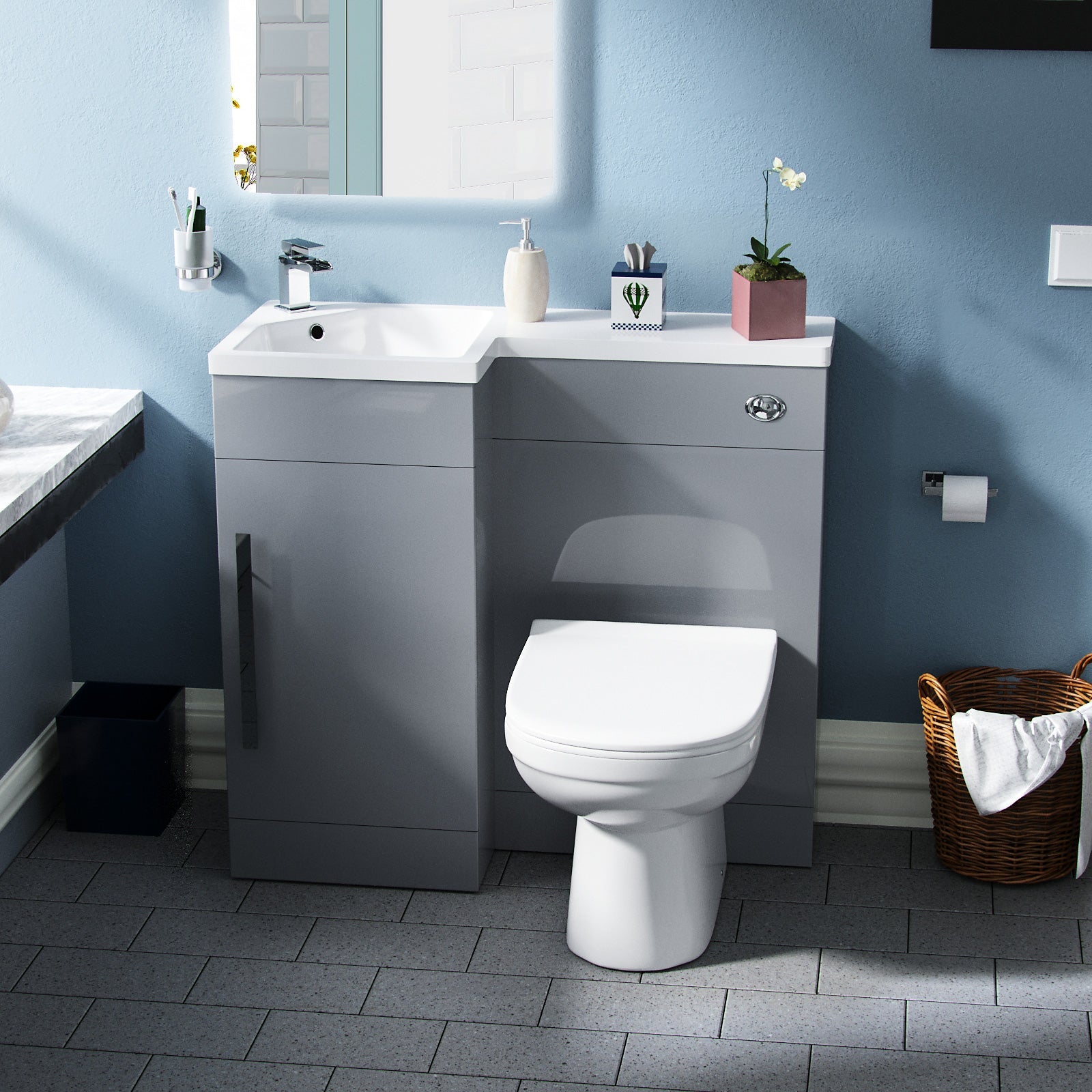 Alaska Light Grey L-Shape Left Hand 900mm Vanity Cabinet and Toilet Set Flat Pack