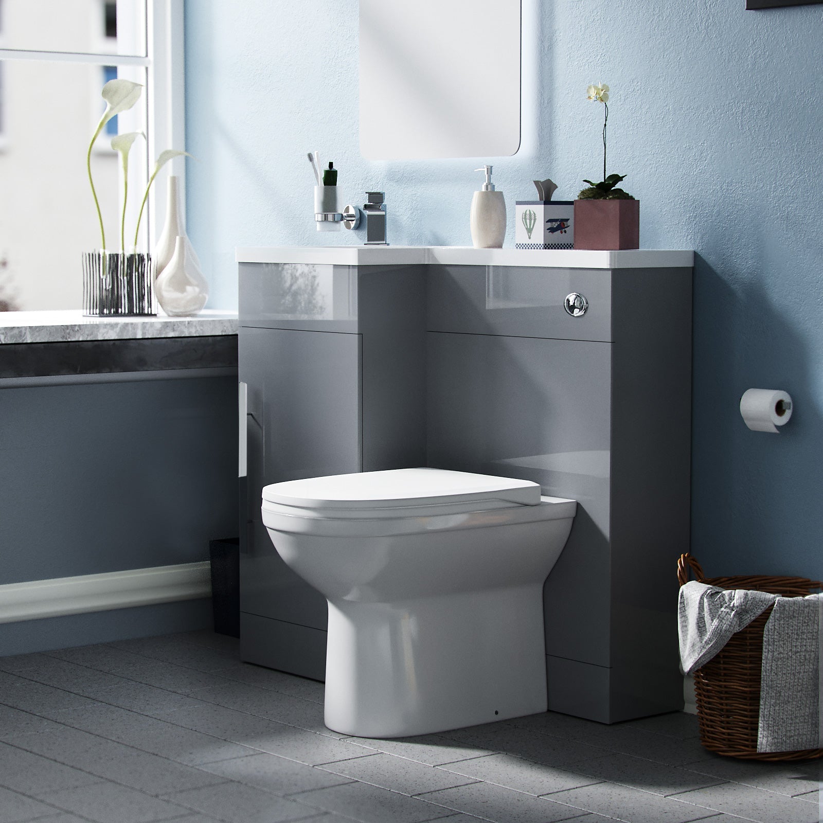 Alaska 900mm Vanity Basin Unit, WC Unit & Elso Back To Wall Toilet Grey