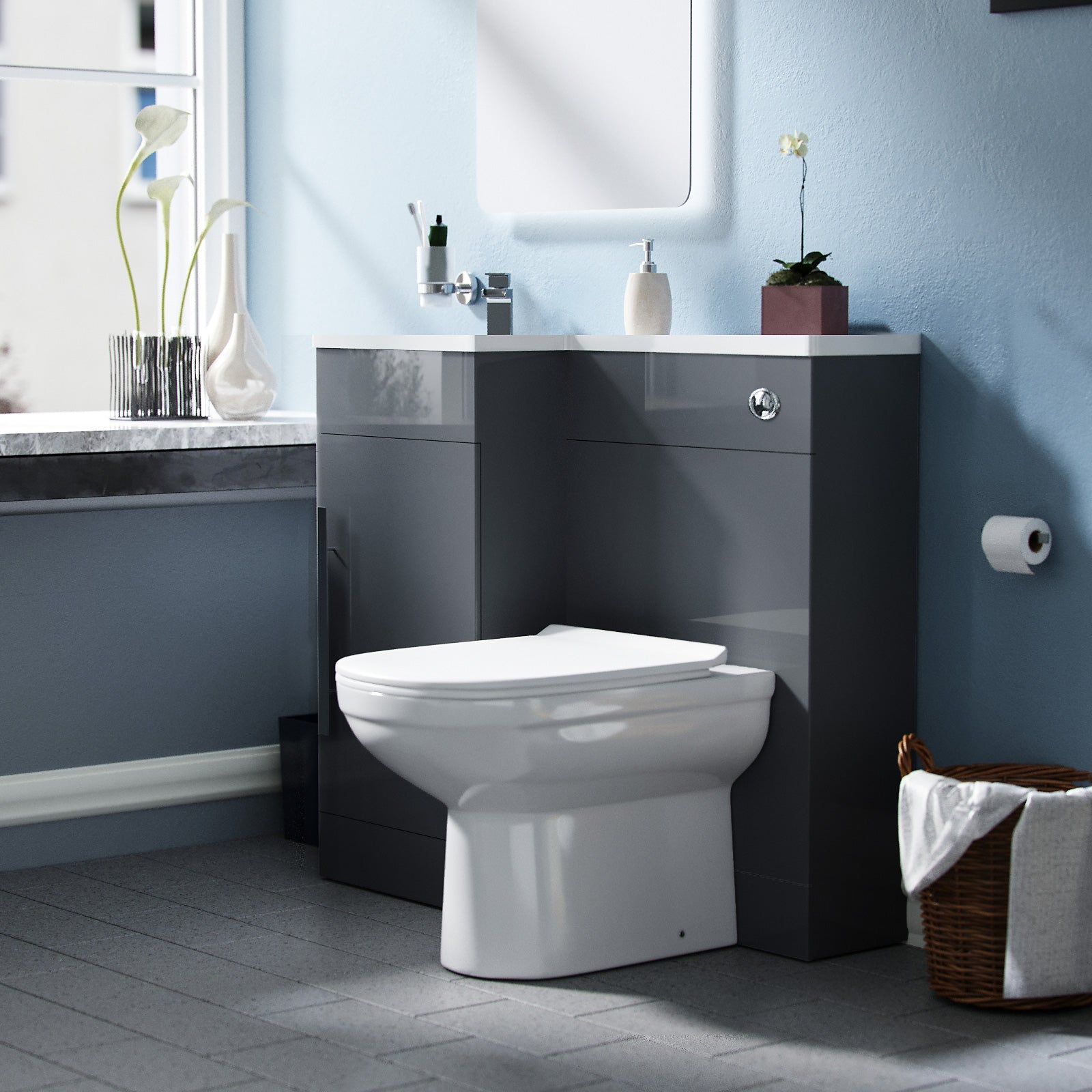 Alaska Flat Packed Compact 900mm Grey L-Shape Left Hand Vanity Unit and Toilet Bathroom