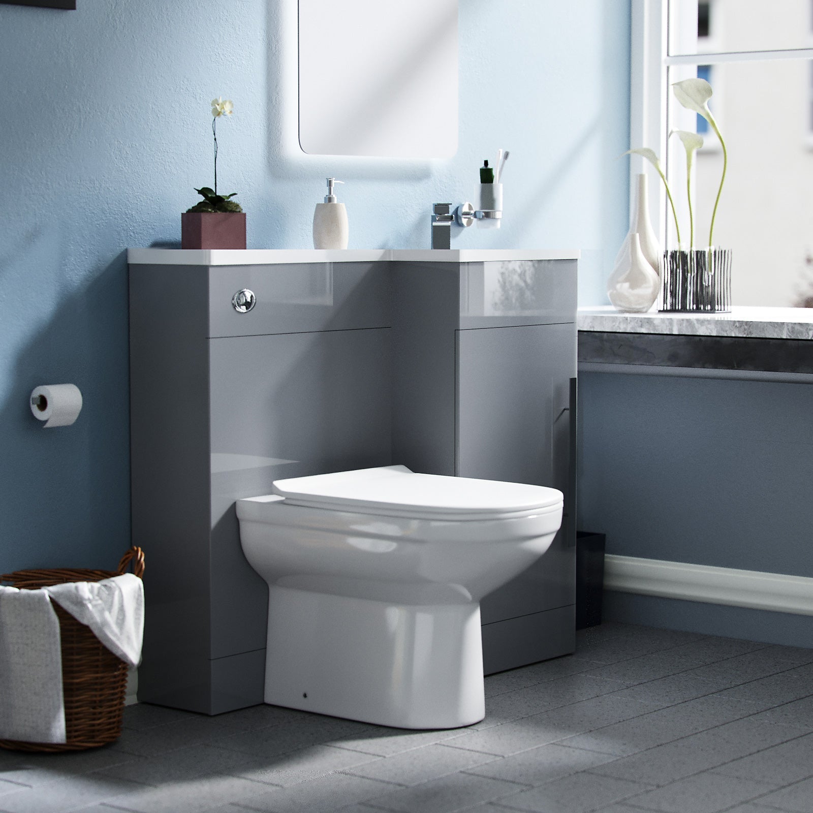 Alaska Light Grey L-Shape Right Hand 900mm Vanity Unit Toilet Furniture Flat Pack