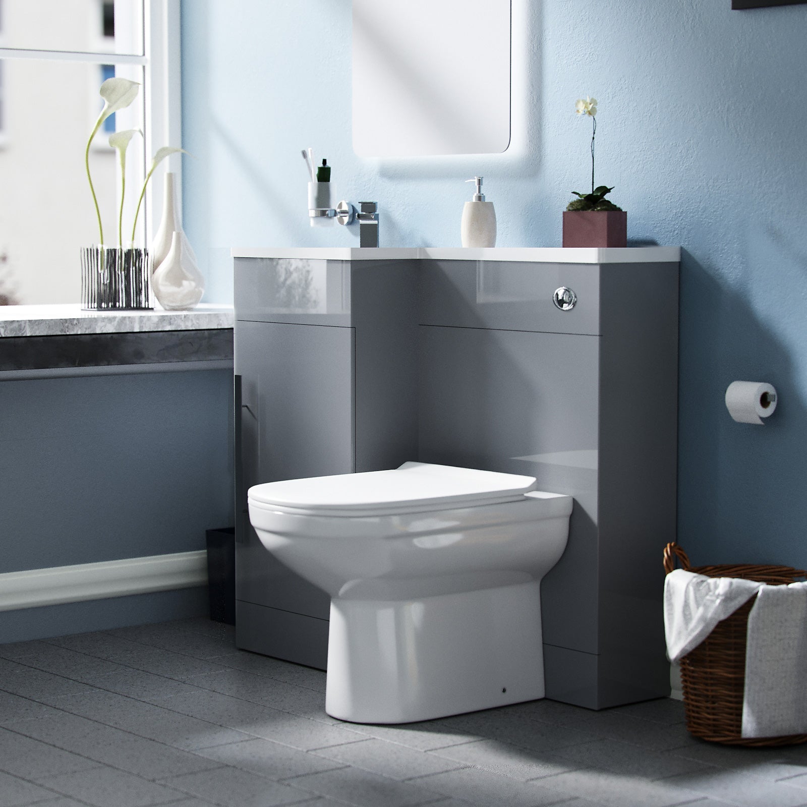Alaska Light Grey L-Shape Left Hand 900mm Vanity Cabinet and Toilet Set Flat Pack