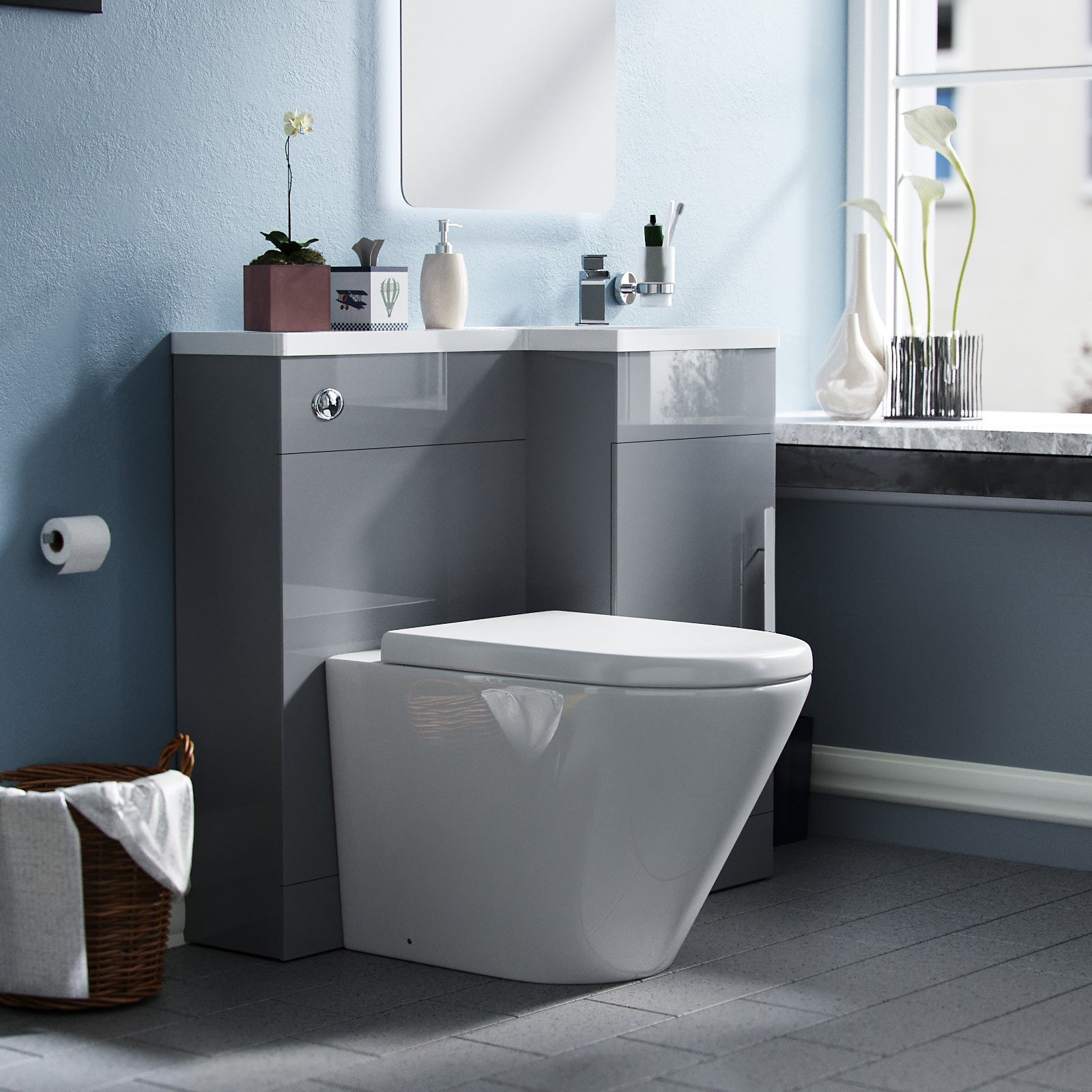 Alaska 900mm Vanity Basin Unit, WC Unit & Ellis UF Back to Wall Toilet Grey