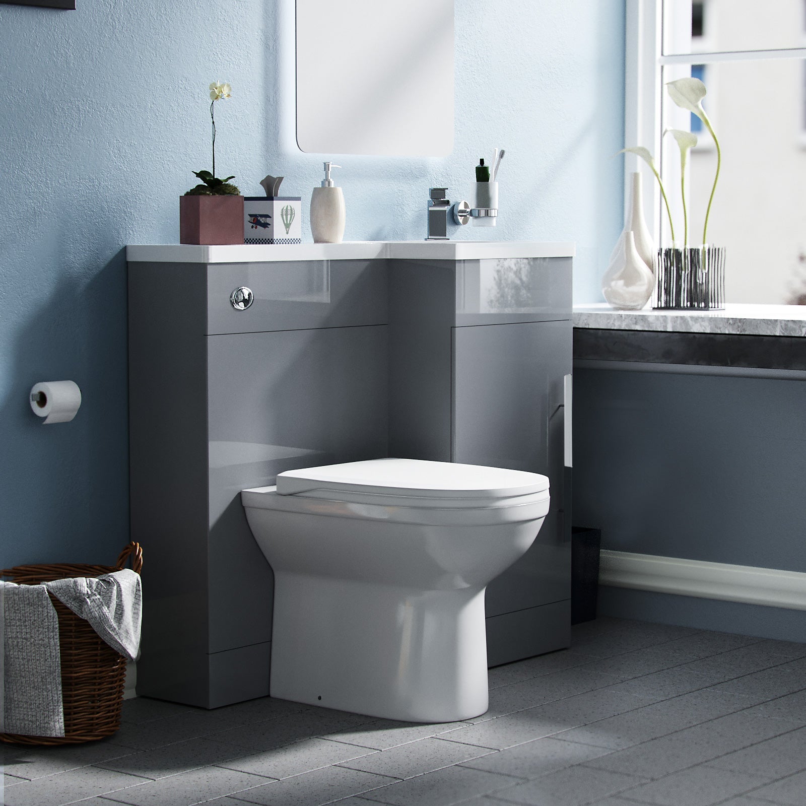 Alaska 900mm Vanity Basin Unit, WC Unit & Elso Back To Wall Toilet Grey