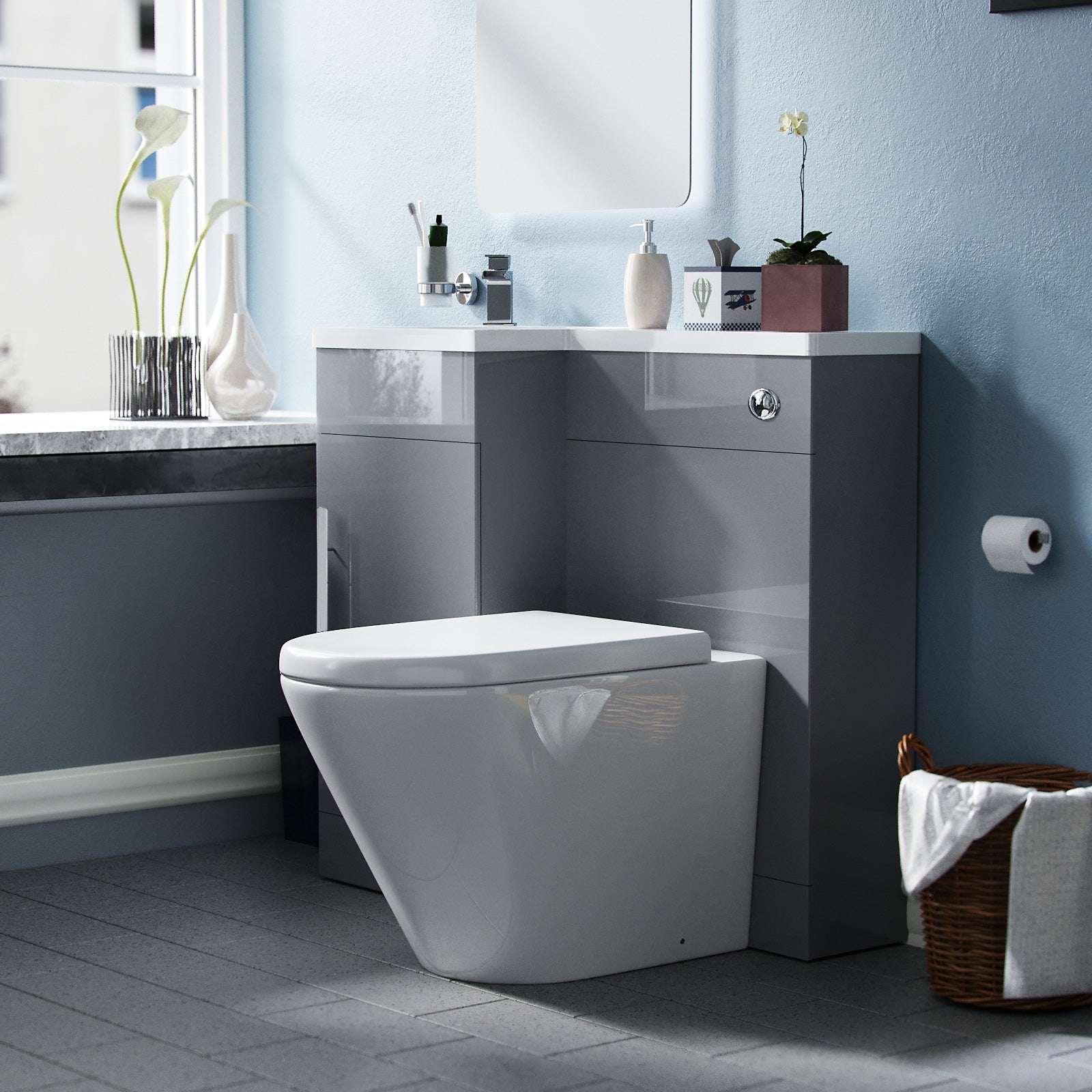 Alaska 900mm Vanity Basin Unit, WC Unit & Ellis UF Back to Wall Toilet Grey